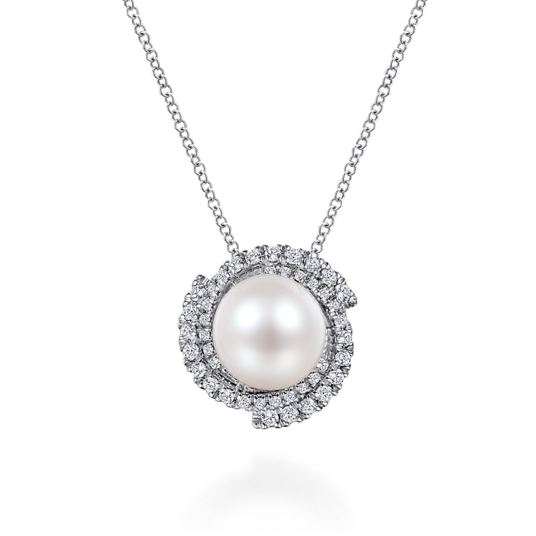 14K White Gold Round Cultured Pearl Swirling Diamond Halo Pendant Necklace - 0.4 ct - Shot 1