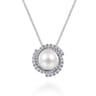 14K White Gold Round Cultured Pearl Swirling Diamond Halo Pendant Necklace - 0.4 ct