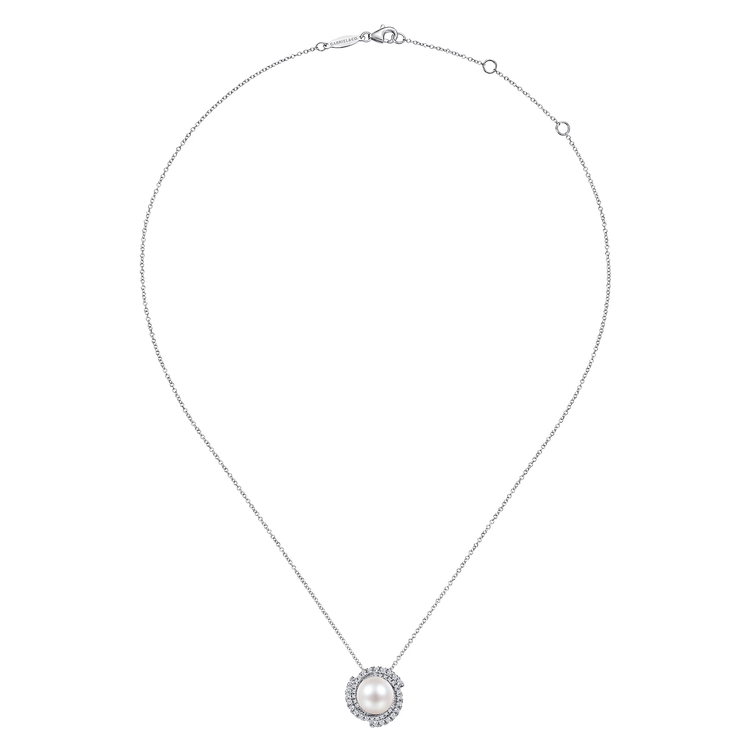 14K White Gold Round Cultured Pearl Swirling Diamond Halo Pendant Necklace