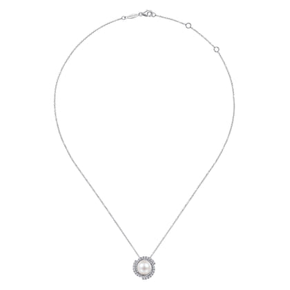 14K White Gold Round Cultured Pearl Swirling Diamond Halo Pendant Necklace