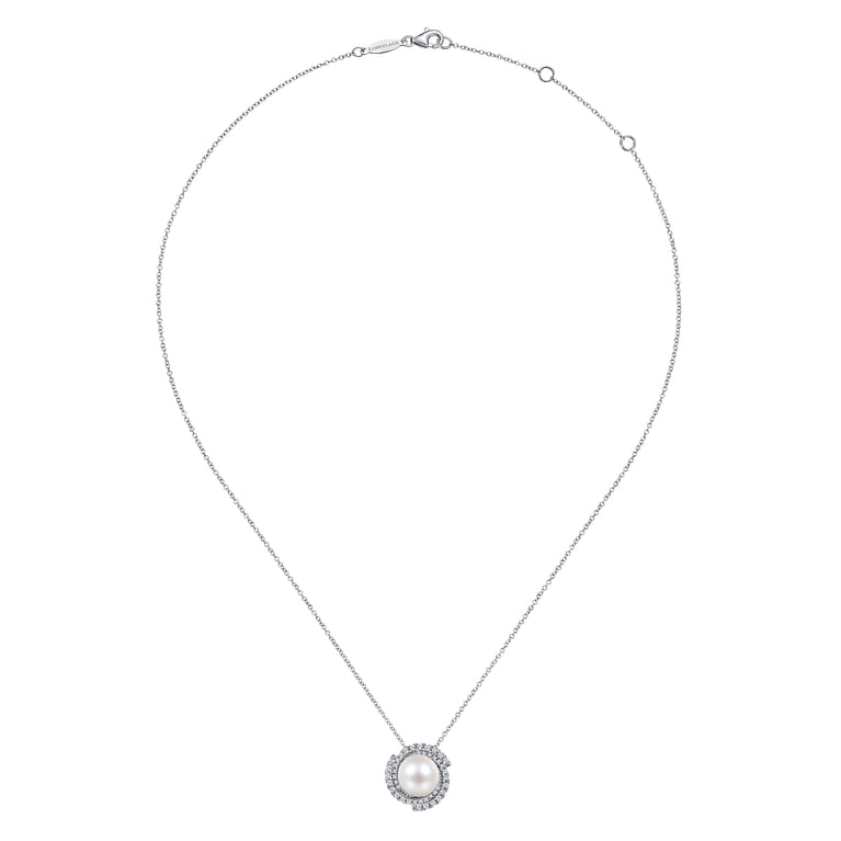 14K White Gold Round Cultured Pearl Swirling Diamond Halo Pendant Necklace - 0.4 ct - Shot 2