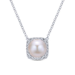 14K White Gold Round Cultured Pearl and Diamond Cushion Halo Pendant Necklace