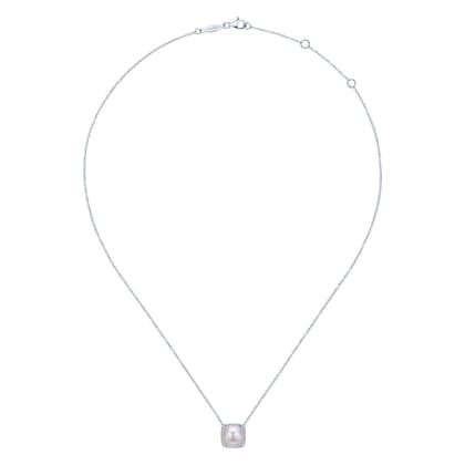 14K White Gold Round Cultured Pearl and Diamond Cushion Halo Pendant Necklace