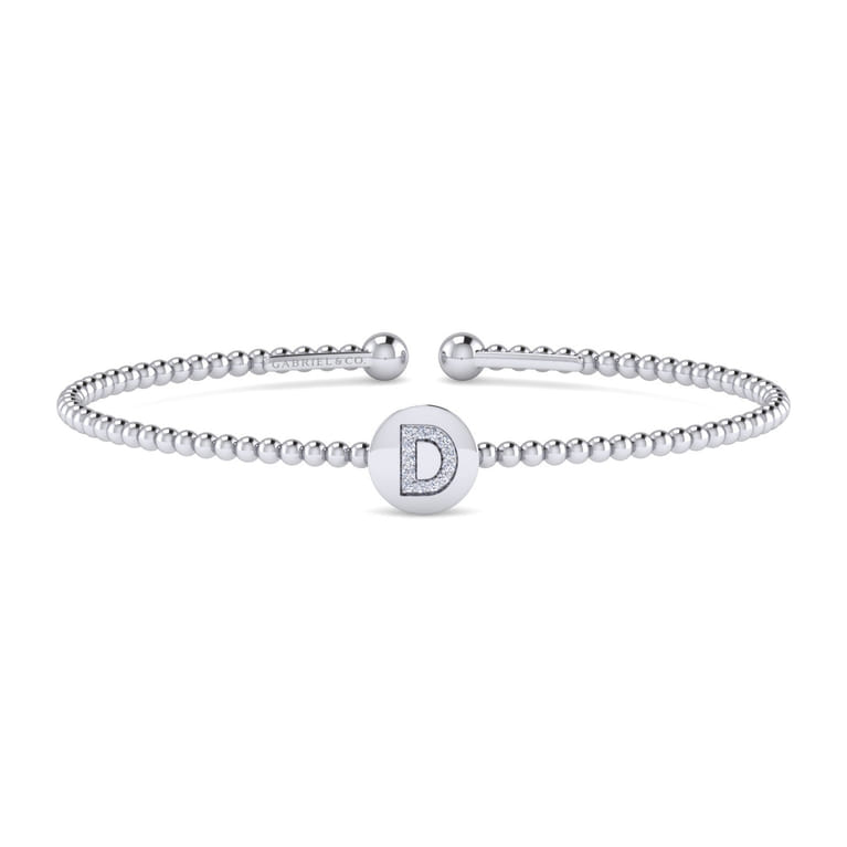 14K White Gold Round D Initial Diamond Bujukan Cuff Bracelet - 0.05 ct - Shot 1