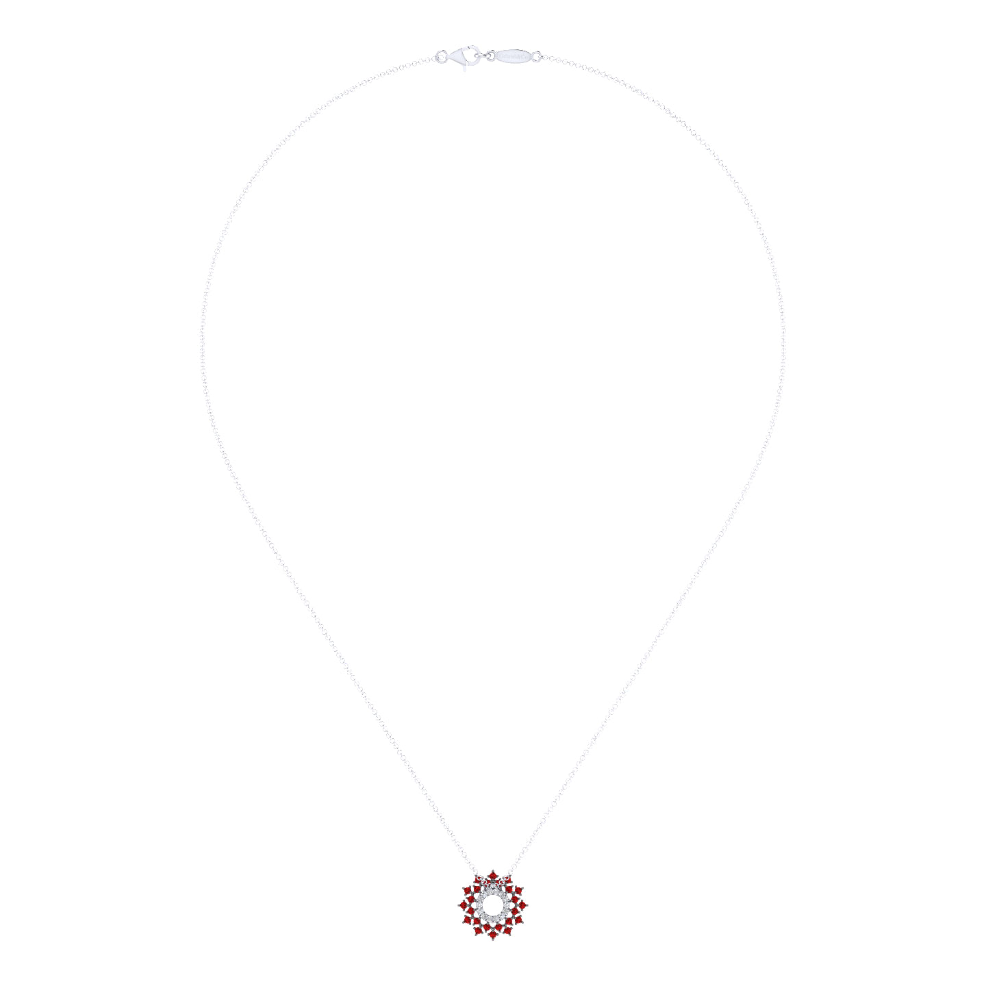 14K White Gold Round Diamond Circle Pendant Necklace with Ruby Halo Burst