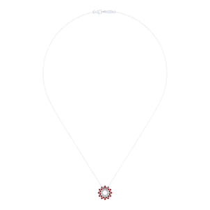 14K White Gold Round Diamond Circle Pendant Necklace with Ruby Halo Burst