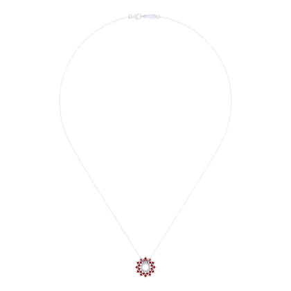 14K White Gold Round Diamond Circle Pendant Necklace with Ruby Halo Burst