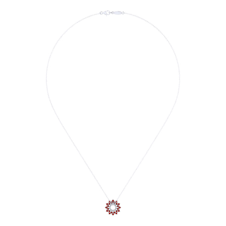 14K White Gold Round Diamond Circle Pendant Necklace with Ruby Halo Burst