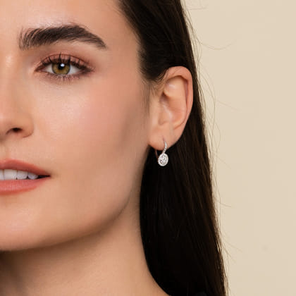 14K White Gold Round Diamond Cluster Leverback Earrings