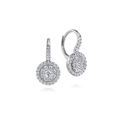 14K White Gold Round Diamond Cluster Leverback Earrings