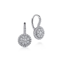 14K White Gold Round Diamond Cluster Leverback Earrings