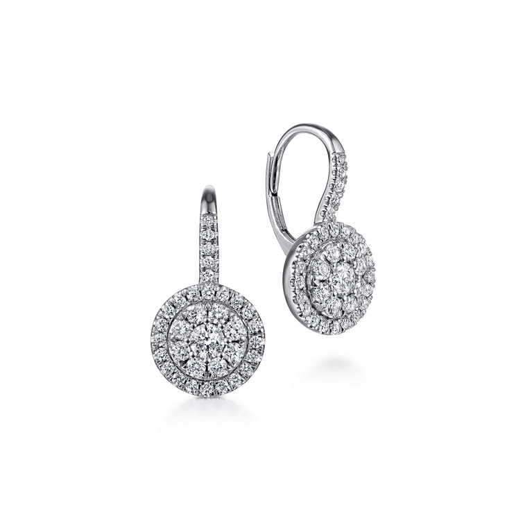 14K White Gold Round Diamond Cluster Leverback Earrings - 1 ct - Shot 1