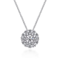 14K White Gold Round Diamond Cluster Pendant Necklace