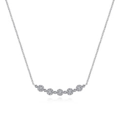14K White Gold Round Diamond Cluster Station Curved Bar Necklace