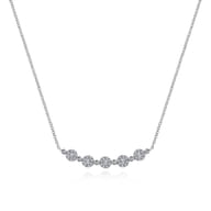 14K White Gold Round Diamond Cluster Station Curved Bar Necklace
