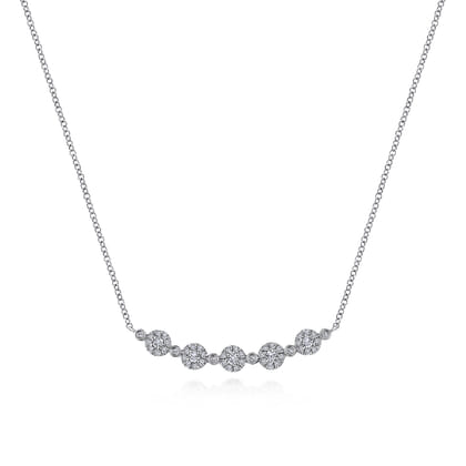 14K White Gold Round Diamond Cluster Station Curved Bar Necklace