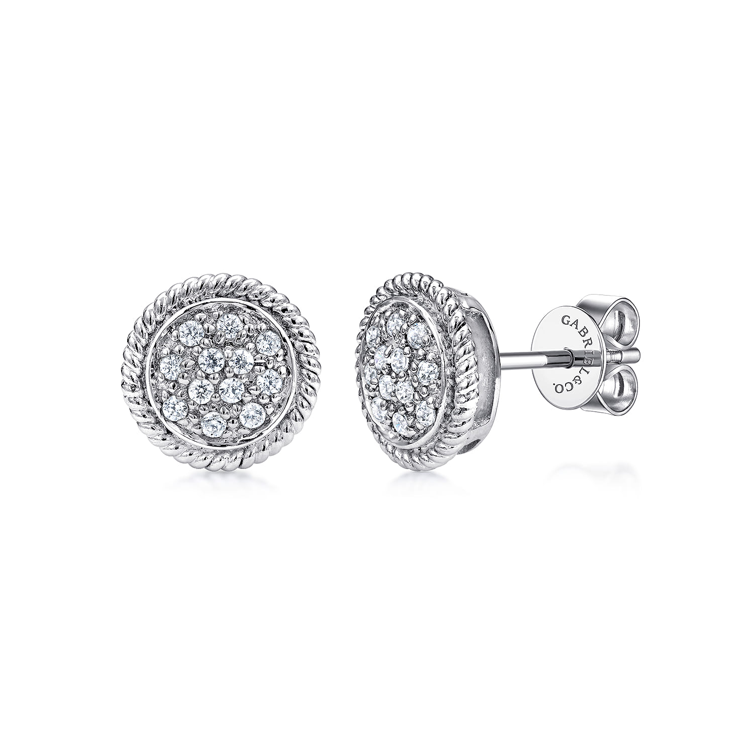 14K White Gold Round Diamond Cluster Stud Earrings with Twisted Rope Frame - 0.21 ct - Shot 1