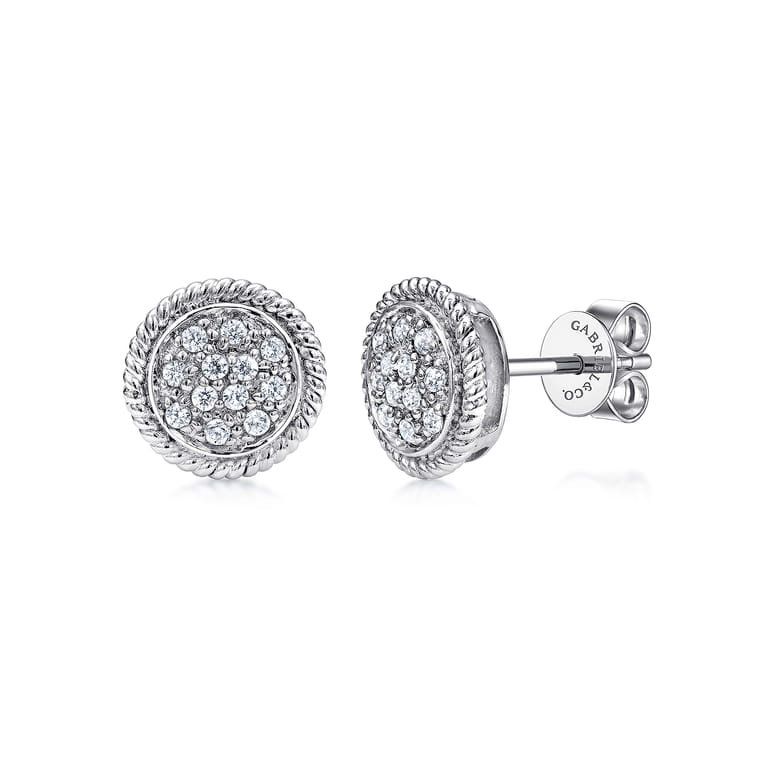 14K White Gold Round Diamond Cluster Stud Earrings with Twisted Rope Frame - 0.21 ct - Shot 1