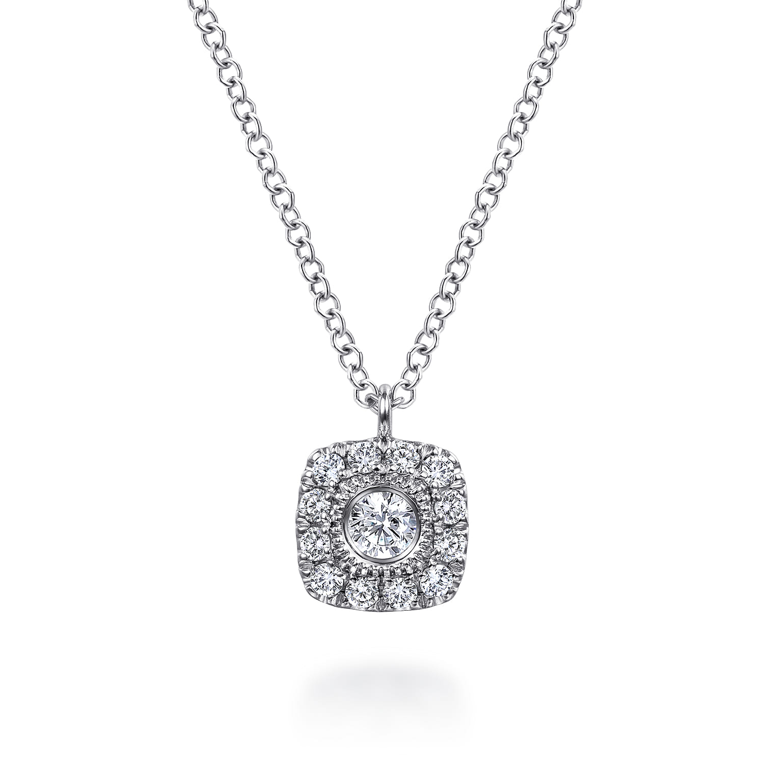 14K White Gold Round Diamond Cushion Halo Pendant Necklace - 0.25 ct - Shot 1
