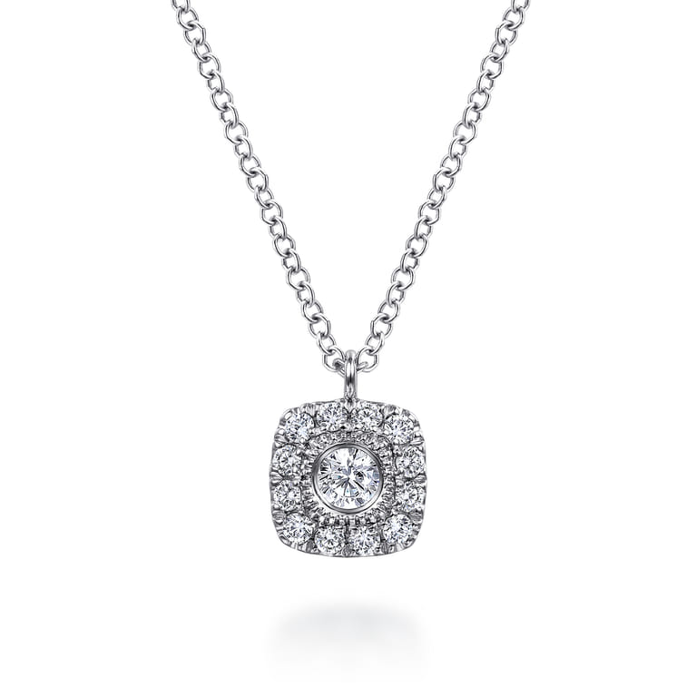 14K White Gold Round Diamond Cushion Halo Pendant Necklace - 0.25 ct - Shot 1