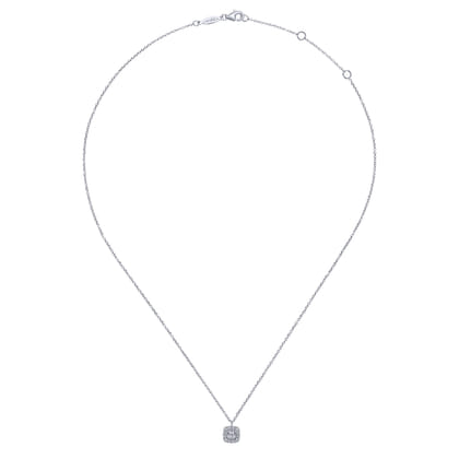 14K White Gold Round Diamond Cushion Halo Pendant Necklace