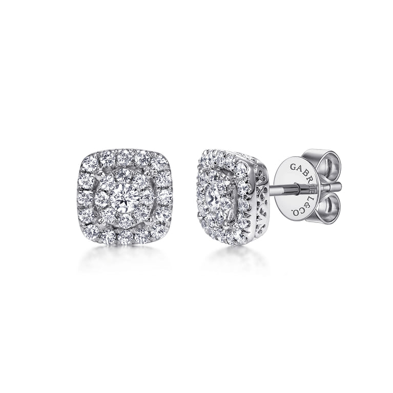 14K White Gold Round Diamond Cushion Halo Stud Earrings - 0.6 ct - Shot 1