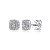 14K White Gold Round Diamond Cushion Halo Stud Earrings