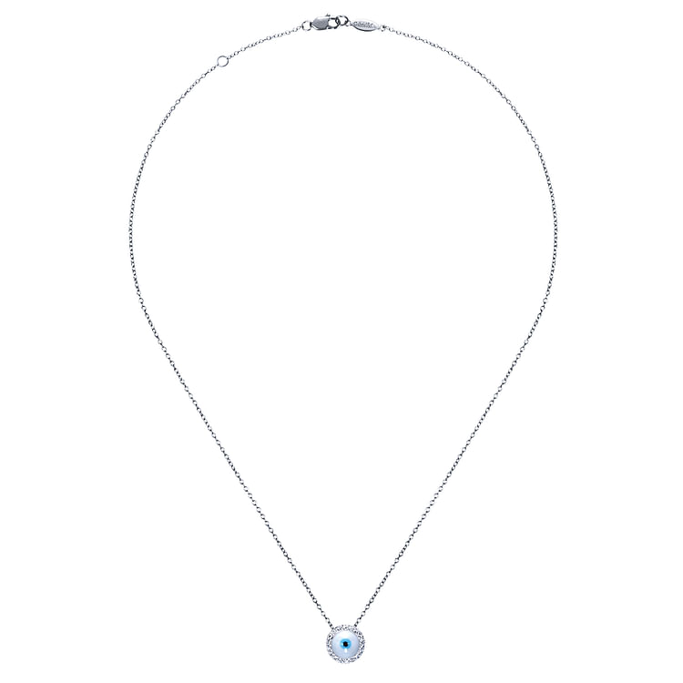 14K White Gold Round Diamond Evil Eye Pendant Necklace