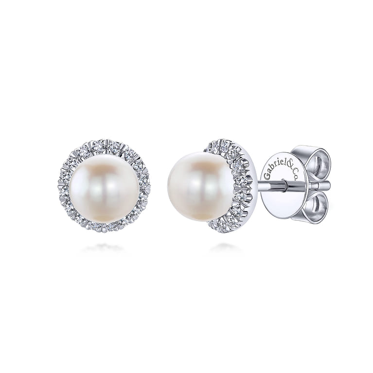 14K White Gold Round Diamond Halo Pearl Stud Earrings - 0.24 ct - Shot 1