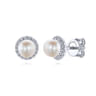 14K White Gold Round Diamond Halo Pearl Stud Earrings - 0.24 ct