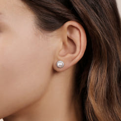 14K White Gold Round Diamond Halo Pearl Stud Earrings