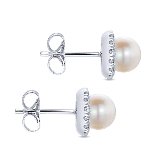 14K White Gold Round Diamond Halo Pearl Stud Earrings - 0.24 ct - Shot 3