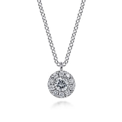 14K White Gold Round Diamond Halo Pendant Necklace