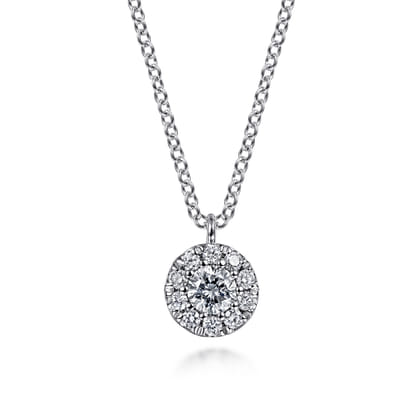 14K White Gold Round Diamond Halo Pendant Necklace