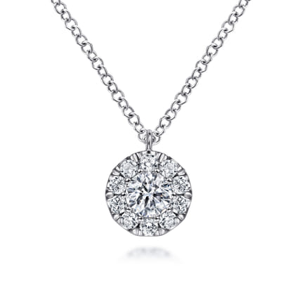 14K White Gold Round Diamond Halo Pendant Necklace