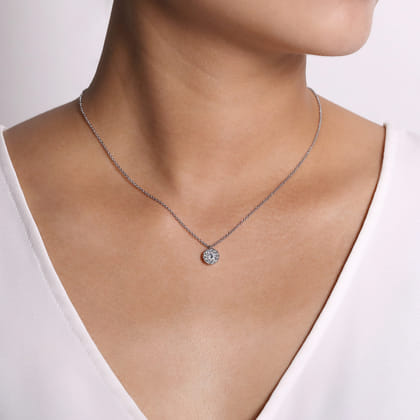 14K White Gold Round Diamond Halo Pendant Necklace