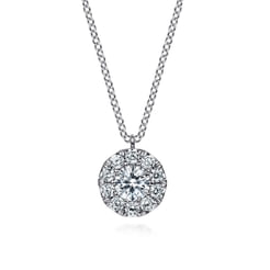 14K White Gold Round Diamond Halo Pendant Necklace