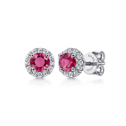 14K White Gold Round Diamond Halo Ruby Stud Earrings