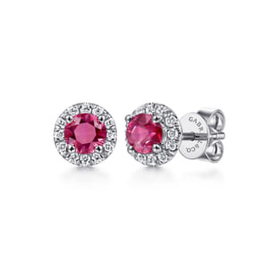 14K White Gold Round Diamond Halo Ruby Stud Earrings