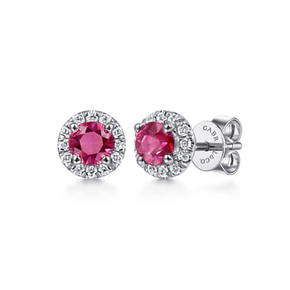 14K White Gold Round Diamond Halo Ruby Stud Earrings