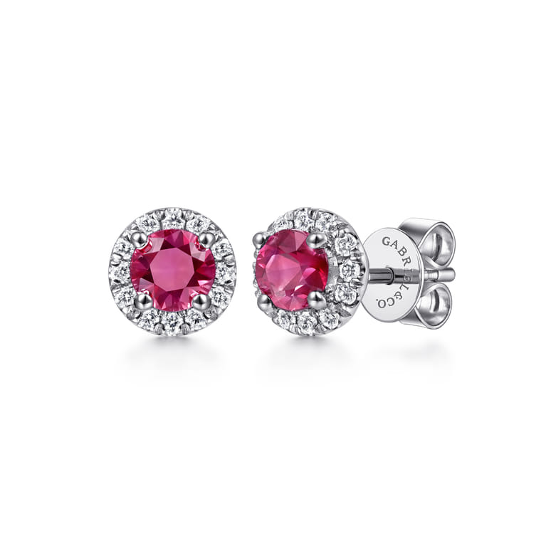 14K White Gold Round Diamond Halo Ruby Stud Earrings - 0.18 ct - Shot 1