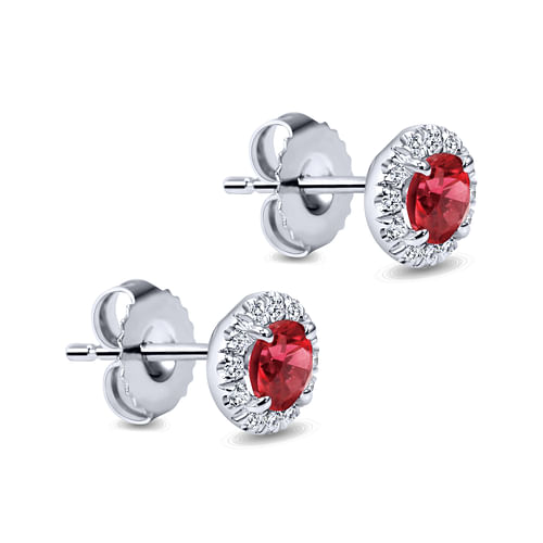 14K White Gold Round Diamond Halo Ruby Stud Earrings - 0.18 ct - Shot 2