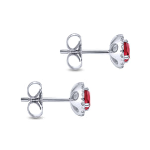 14K White Gold Round Diamond Halo Ruby Stud Earrings