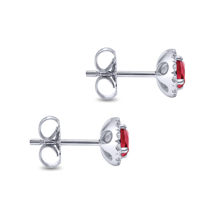 14K White Gold Round Diamond Halo Ruby Stud Earrings