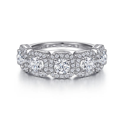 14K White Gold Round Diamond Halo Station Anniversary Band