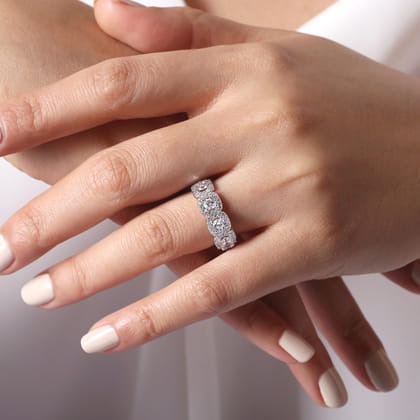 14K White Gold Round Diamond Halo Station Anniversary Band