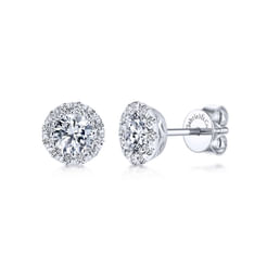 14K White Gold Round Diamond Halo Stud Earrings