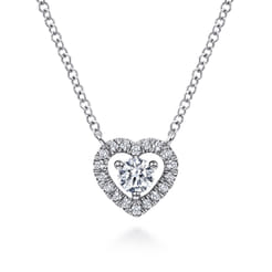14K White Gold Round Diamond Heart Pendant Necklace
