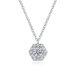14K White Gold Round Diamond Hexagonal Halo Pendant Necklace