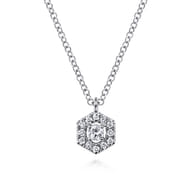 14K White Gold Round Diamond Hexagonal Halo Pendant Necklace